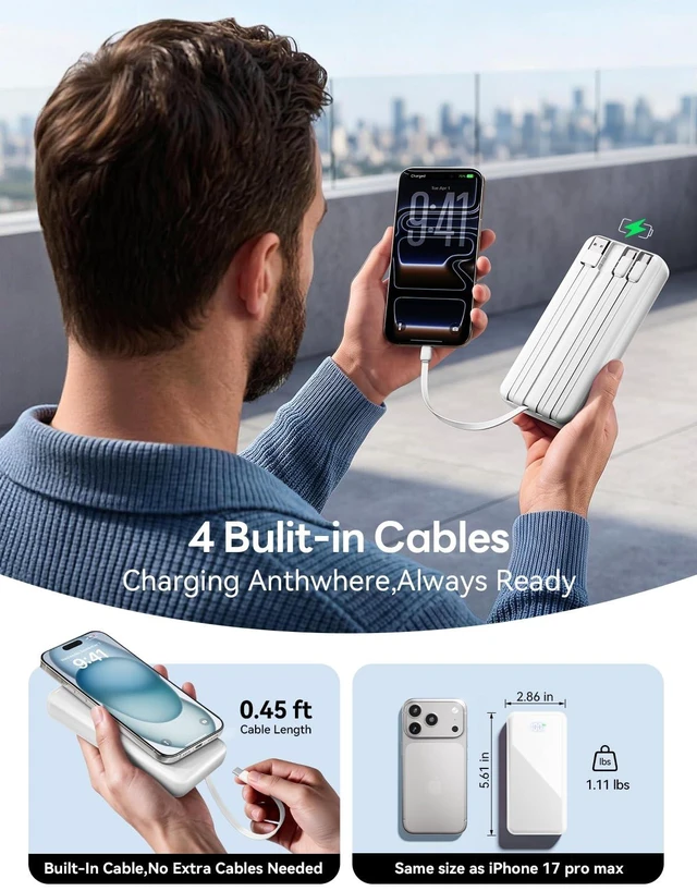 Alt view image 4 of 7 - 50000mAh Portable Charger, Built-in 4 Cables,22.5W Fast Charging Power Bank | Up to 65% in 30 Minutes,Charge 6 Devices,USB C External Battery for iPhone 18/17/16/15 Samsung iPad,Android