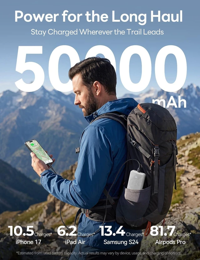 Alt view image 6 of 7 - 50000mAh Portable Charger, Built-in 4 Cables,22.5W Fast Charging Power Bank | Up to 65% in 30 Minutes,Charge 6 Devices,USB C External Battery for iPhone 18/17/16/15 Samsung iPad,Android