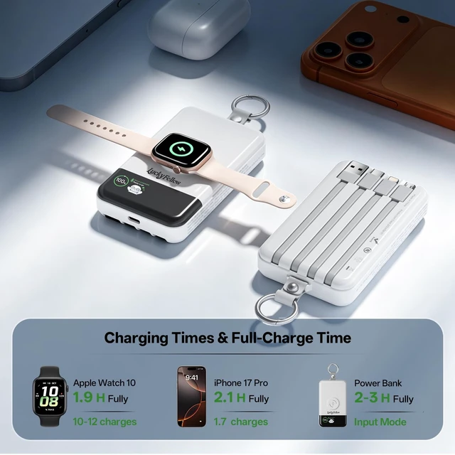 Alt view image 3 of 7 - LUCKYFELLOW 10000mAh Portable Charger with Built-in 4 Cables and Magnetic Wireless Watch Charger, Fast Charging Power Bank Compatible with Apple Watch, iPhone and Android Phones, Keychain Battery Pack