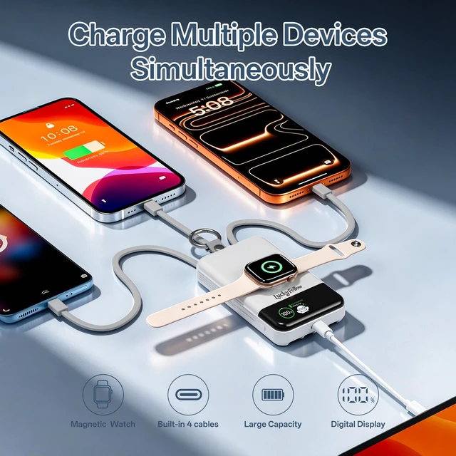Alt view image 7 of 7 - LUCKYFELLOW 10000mAh Portable Charger with Built-in 4 Cables and Magnetic Wireless Watch Charger, Fast Charging Power Bank Compatible with Apple Watch, iPhone and Android Phones, Keychain Battery Pack