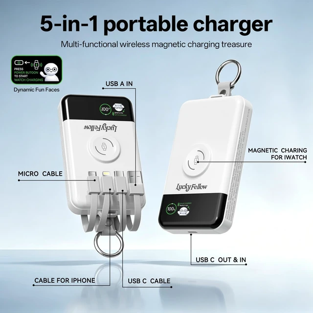 Alt view image 4 of 7 - LUCKYFELLOW 10000mAh Portable Charger with Built-in 4 Cables and Magnetic Wireless Watch Charger, Fast Charging Power Bank Compatible with Apple Watch, iPhone and Android Phones, Keychain Battery Pack