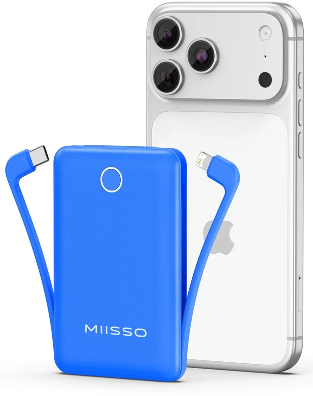 Main image of miisso 10000mAh Mini Portable Charger with Built in Cable, Deepblue | Pocket Size Power Bank, Travel External Battery Pack for Phone, 3 Output, USB Type C Cord, Compatible with iPhone, Samsung