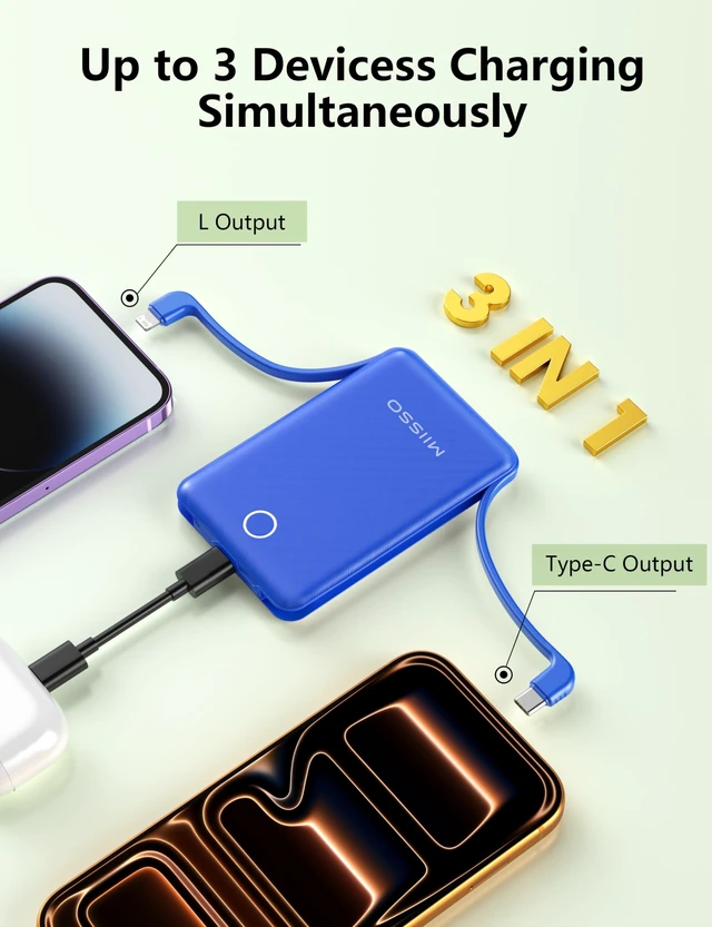 Alt view image 5 of 7 - miisso 10000mAh Mini Portable Charger with Built in Cable, Deepblue | Pocket Size Power Bank, Travel External Battery Pack for Phone, 3 Output, USB Type C Cord, Compatible with iPhone, Samsung