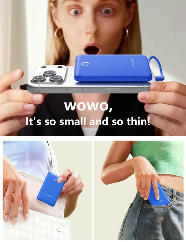 Alt view image 4 of 7 - miisso 10000mAh Mini Portable Charger with Built in Cable, Deepblue | Pocket Size Power Bank, Travel External Battery Pack for Phone, 3 Output, USB Type C Cord, Compatible with iPhone, Samsung