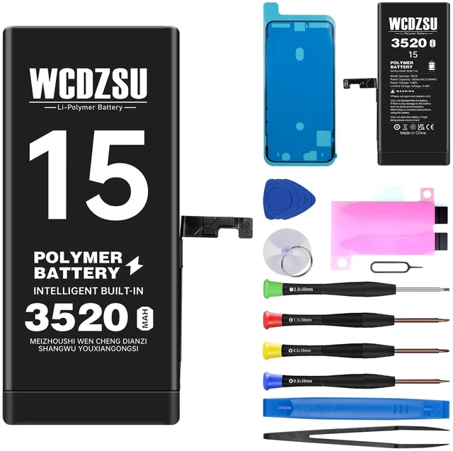 Main image of WCDZSU Battery Replacement for iPhone 15 3520mAh No Pop-up Unknown Part Warning High Capacity New 0 Cycle for iPhone 15 with Complete Fix Tools Kit Model A3090 A2846 A3089 A3092