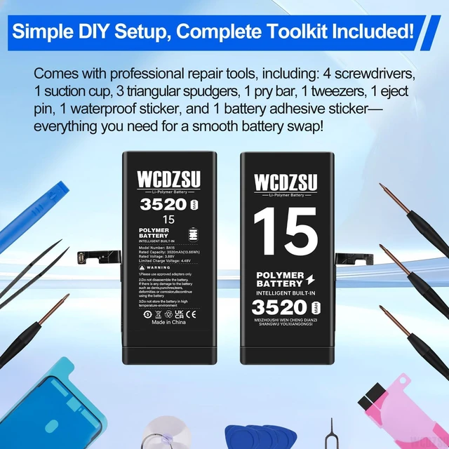 Alt view image 7 of 7 - WCDZSU Battery Replacement for iPhone 15 3520mAh No Pop-up Unknown Part Warning High Capacity New 0 Cycle for iPhone 15 with Complete Fix Tools Kit Model A3090 A2846 A3089 A3092