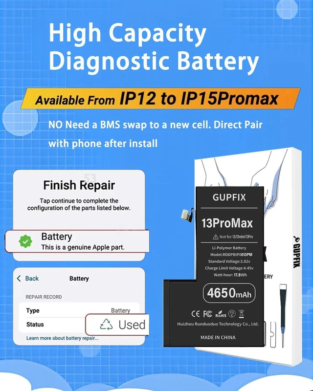 Alt view image 3 of 7 - GUPFIX Battery for iPhone 13Pro Max No Pop-up Unknown Part Warning | No Unknown Part Info Real Capacity 4650mAh Long Last Time Wireless Charging Support Durable Tool For DIY Phone Repair Shop