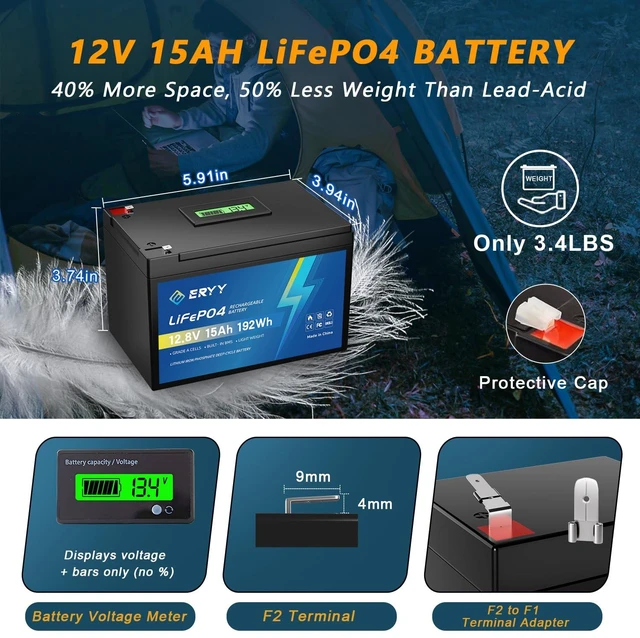 Alt view image 2 of 7 - ERYY 12V 15Ah LiFePO4 Lithium Battery with BMS and LCD Voltmeter | Grade A Cells, Lightweight Rechargeable 4000+ Deep Cycles Battery for Fish Finder, Camping Light, Solar System, Ham Radio