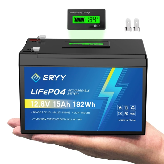 Main image of ERYY 12V 15Ah LiFePO4 Lithium Battery with BMS and LCD Voltmeter | Grade A Cells, Lightweight Rechargeable 4000+ Deep Cycles Battery for Fish Finder, Camping Light, Solar System, Ham Radio