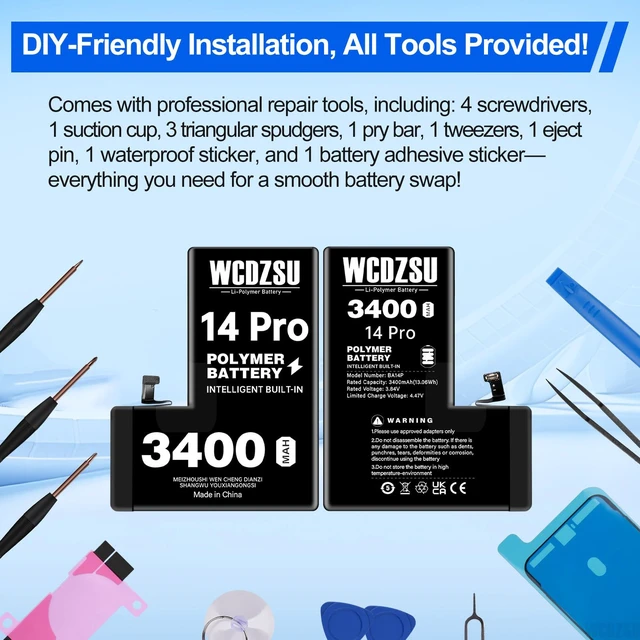 Alt view image 7 of 7 - WCDZSU Battery Replacement for iPhone 14 Pro 3400mAh No Pop-up Unknown Part Warning 0 Cycle High Capacity for iPhone 14 Pro with Full Tool Kit Model A2650 A2889 A2890 A2891 A2892