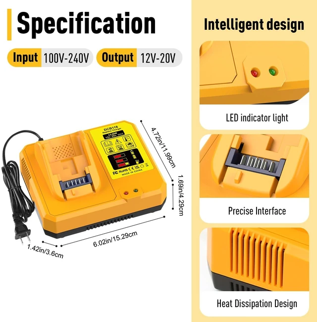 Alt view image 2 of 7 - DCB118 Replacement for Dewalt Battery Charger, Fast Charger with USB Compatible with Dewalt 20V 60V max Battery