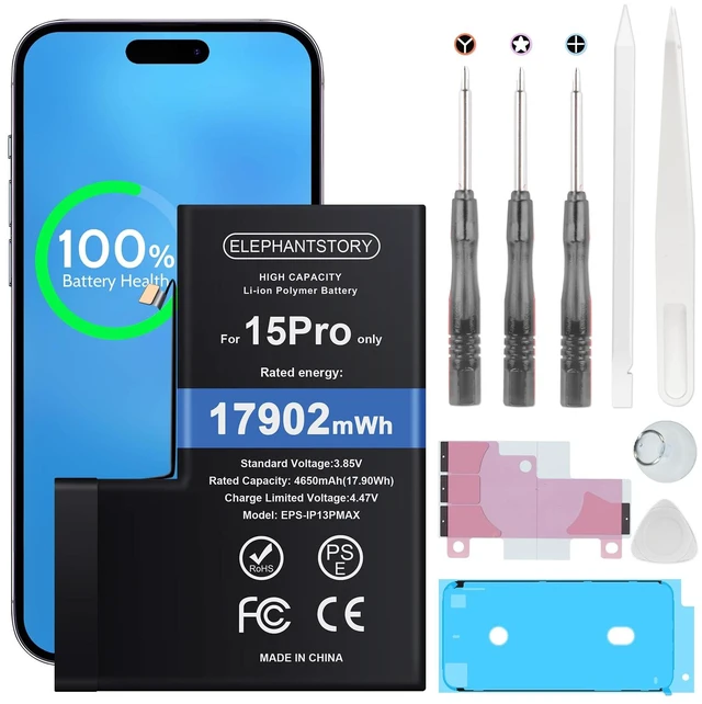 Main image of ElephantStory Replacement Battery for iPhone 15 Pro High Capacity | Compatible with A2848 A3101 A3104 A3102, Repair kit included, Li-ion polymer battery, 0-cycle battery