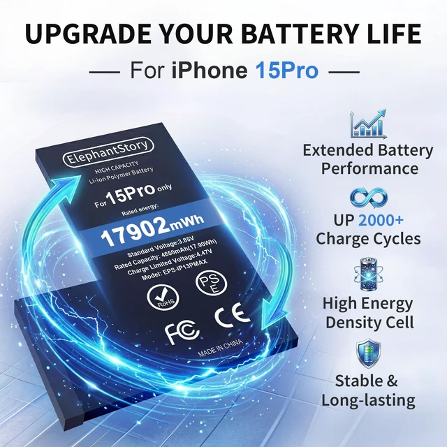 Alt view image 2 of 7 - ElephantStory Replacement Battery for iPhone 15 Pro High Capacity | Compatible with A2848 A3101 A3104 A3102, Repair kit included, Li-ion polymer battery, 0-cycle battery