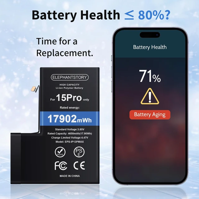 Alt view image 3 of 7 - ElephantStory Replacement Battery for iPhone 15 Pro High Capacity | Compatible with A2848 A3101 A3104 A3102, Repair kit included, Li-ion polymer battery, 0-cycle battery