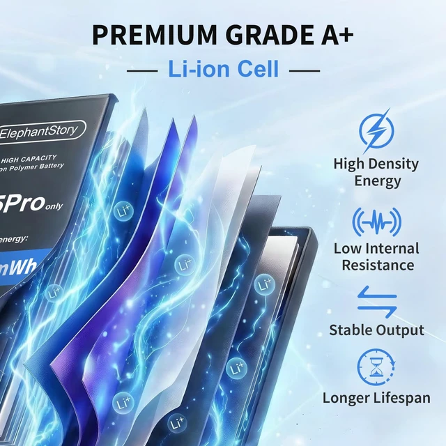 Alt view image 7 of 7 - ElephantStory Replacement Battery for iPhone 15 Pro High Capacity | Compatible with A2848 A3101 A3104 A3102, Repair kit included, Li-ion polymer battery, 0-cycle battery