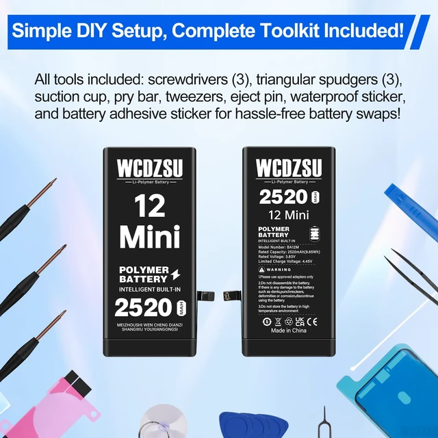 Alt view image 7 of 7 - WCDZSU Battery Replacement for iPhone 12 Mini No Pop-up Unknown Part Warning 2520mAh High Capacity 0 Cycle for iPhone 12 Mini with Complete Repair Tool Kit Model A2176 A2398 A2400 A2399