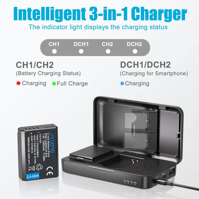 Alt view image 4 of 7 - JYJZPB LP-E10 Battery and Fast Charger for Canon EOS Rebel T7 T6 T5 T3 T100 | EOS 2000D 3000D 4000D 1200D 1100D 1300D 1500D, KISS X50 X70 X80 X90 Digital Camera - 2-Pack Rebel Battery