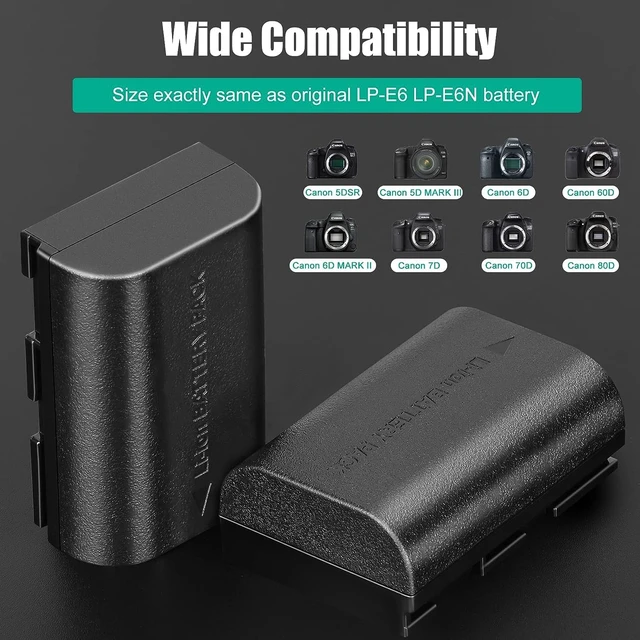 Alt view image 3 of 7 - 2-Pack LP-E6N Batteries for Canon EOS R5 R6 R7 with Upgraded Dual Charger | for Canon EOS R 90D 60D 70D 80D 5D II, 5D III, 5D Mark IV, 6D, 6D II, 7D, 7D II, XC10 XC15 Cameras
