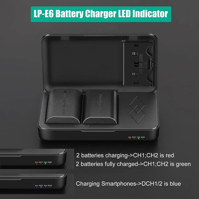 Alt view image 5 of 7 - 2-Pack LP-E6N Batteries for Canon EOS R5 R6 R7 with Upgraded Dual Charger | for Canon EOS R 90D 60D 70D 80D 5D II, 5D III, 5D Mark IV, 6D, 6D II, 7D, 7D II, XC10 XC15 Cameras