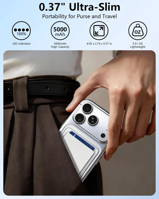 Alt view image 2 of 7 - DUDAO Magnetic Wireless Power Bank - 0.37" Ultra-Slim Portable Charger | 5000mAh, 20W Fast Charging, 65% in 30 Mins, Battery Pack with USB C, Stand and Card Holder, for iPhone 17/16, Travel, White
