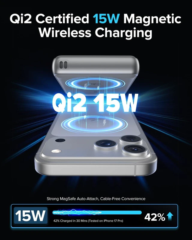 Alt view image 3 of 7 - ZIKE Z1052 10000mAh Solid State Power Bank, Qi2 15W,USB-C 30W | MagSafe Power Bank for iPhone 17/16/15, Ultra Slim Portable Power Bank, Stability and Safety, Digital Display