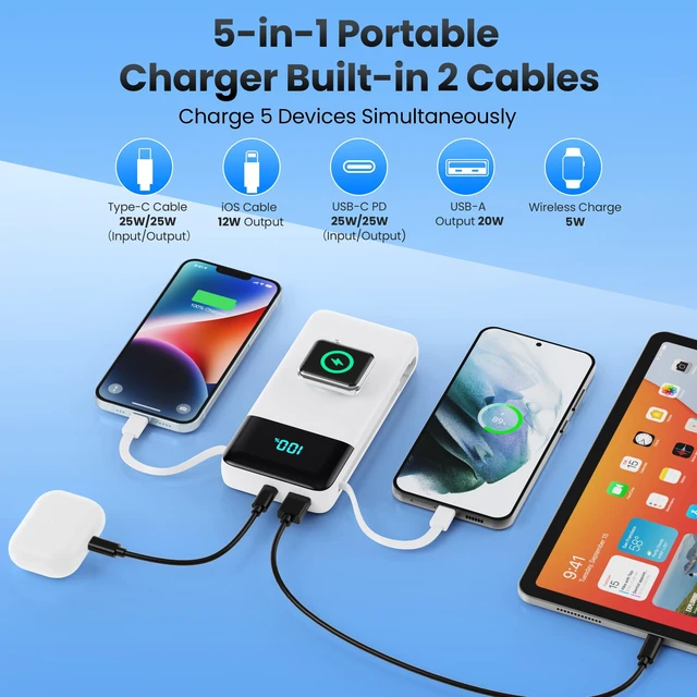 Alt view image 2 of 7 - Portable Charger Power Bank 40800mAh with Built-in Cables,25W Fast Phone Charging Portable Battery Pack,5 Outputs Travel Essentials Outdoor External Battery for iPhone 18 Pro Max/17/16,Galaxy-White