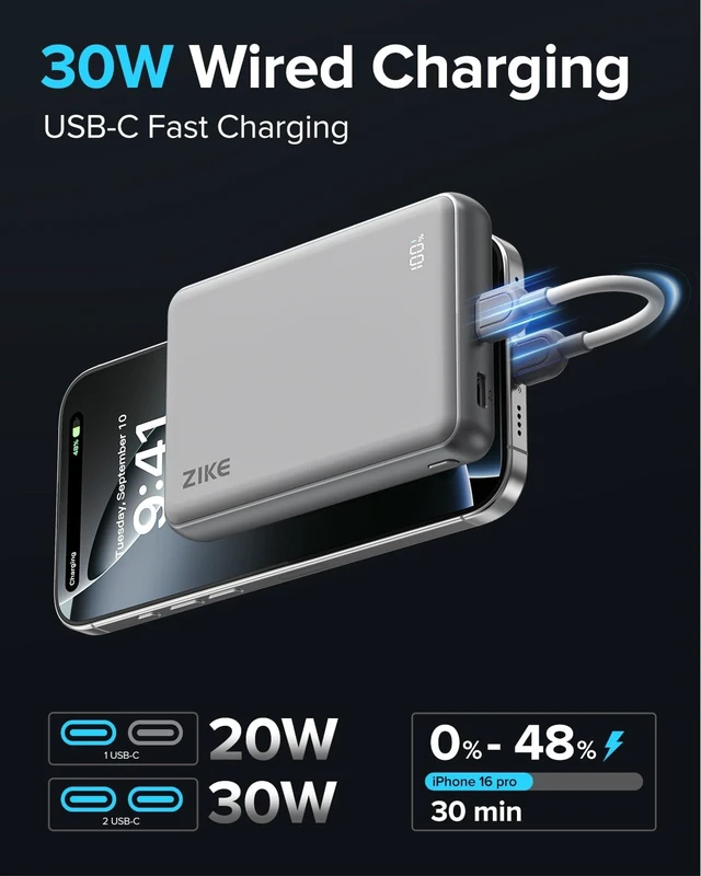 Alt view image 5 of 7 - ZIKE Z1052 10000mAh Solid State Power Bank, Qi2 15W,USB-C 30W | MagSafe Power Bank for iPhone 17/16/15, Ultra Slim Portable Power Bank, Stability and Safety, Digital Display