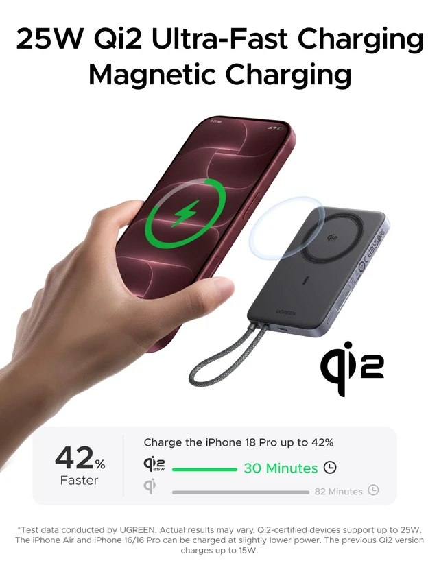Alt view image 2 of 7 - UGREEN Magflow Qi2.2 25W Slim Power Bank 10000mAh | Qi2 Magnetic Wireless Charging; 45W USB-C Fast Charge; Smart Display; Slim Power Bank