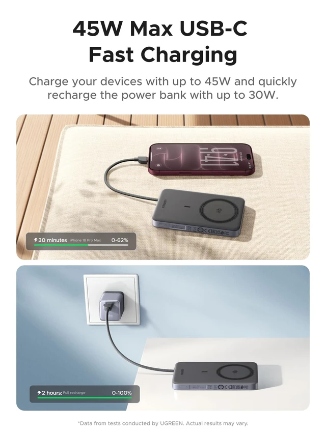 Alt view image 5 of 7 - UGREEN Magflow Qi2.2 25W Slim Power Bank 10000mAh | Qi2 Magnetic Wireless Charging; 45W USB-C Fast Charge; Smart Display; Slim Power Bank