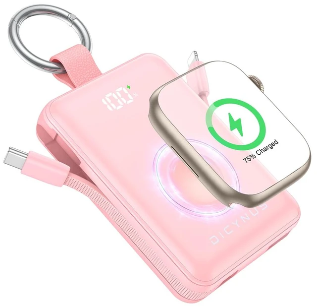 Main image of Portable Charger 10000mAh 22.5W Power Bank with Cables&iWatch Charger | Fast charging, LED display, TSA approved, Compact Keychain Battery Pack for iWatch Series, iPhone 18/17/16/15/14/13, Pink