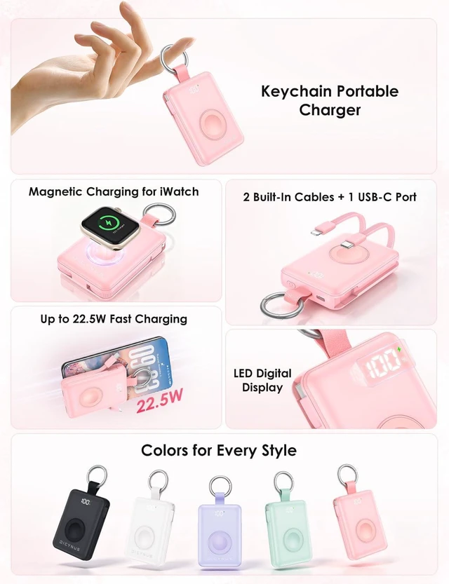 Alt view image 2 of 7 - Portable Charger 10000mAh 22.5W Power Bank with Cables&iWatch Charger | Fast charging, LED display, TSA approved, Compact Keychain Battery Pack for iWatch Series, iPhone 18/17/16/15/14/13, Pink