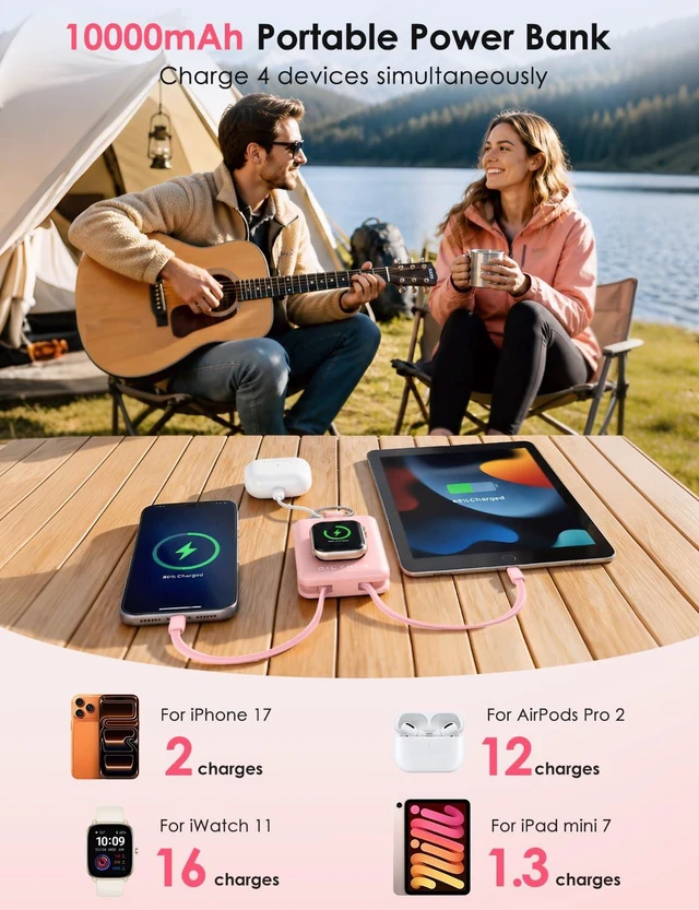 Alt view image 3 of 7 - Portable Charger 10000mAh 22.5W Power Bank with Cables&iWatch Charger | Fast charging, LED display, TSA approved, Compact Keychain Battery Pack for iWatch Series, iPhone 18/17/16/15/14/13, Pink