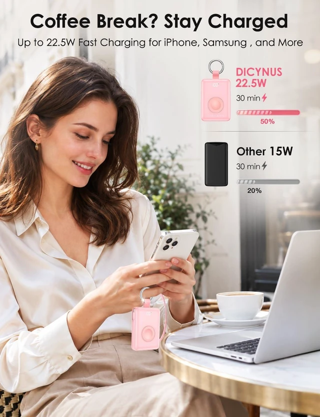 Alt view image 4 of 7 - Portable Charger 10000mAh 22.5W Power Bank with Cables&iWatch Charger | Fast charging, LED display, TSA approved, Compact Keychain Battery Pack for iWatch Series, iPhone 18/17/16/15/14/13, Pink