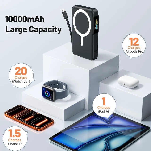 Alt view image 7 of 7 - for Magsafe Power Bank 10000mAh,Wireless Portable Charger for iPhone&iWatch | 20W PD Fast Charging and USB-C Cable LED Display, Travel Essentials Magnetic Battery Pack for iPhone 18-12 Series