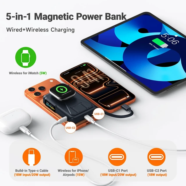 Alt view image 6 of 7 - for Magsafe Power Bank 10000mAh,Wireless Portable Charger for iPhone&iWatch | 20W PD Fast Charging and USB-C Cable LED Display, Travel Essentials Magnetic Battery Pack for iPhone 18-12 Series