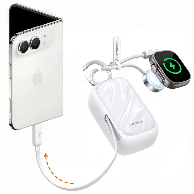 Main image of PearlGo Power Bank for iPhone Duo/18 Pro Max, 45W Fast, Pearl White | 10,000mAh Portable Charger for Apple Watch Series 12-9, 2.3FT Built-in Retractable USB-C Cable,Carry Hook for Travel&Commute