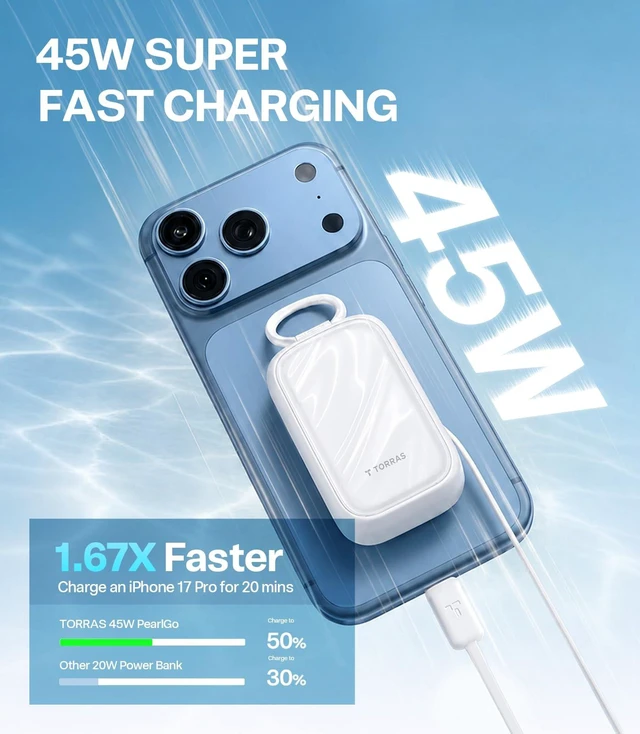 Alt view image 2 of 7 - PearlGo Power Bank for iPhone Duo/18 Pro Max, 45W Fast, Pearl White | 10,000mAh Portable Charger for Apple Watch Series 12-9, 2.3FT Built-in Retractable USB-C Cable,Carry Hook for Travel&Commute