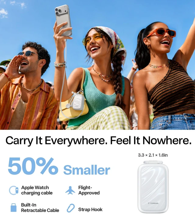 Alt view image 3 of 7 - PearlGo Power Bank for iPhone Duo/18 Pro Max, 45W Fast, Pearl White | 10,000mAh Portable Charger for Apple Watch Series 12-9, 2.3FT Built-in Retractable USB-C Cable,Carry Hook for Travel&Commute