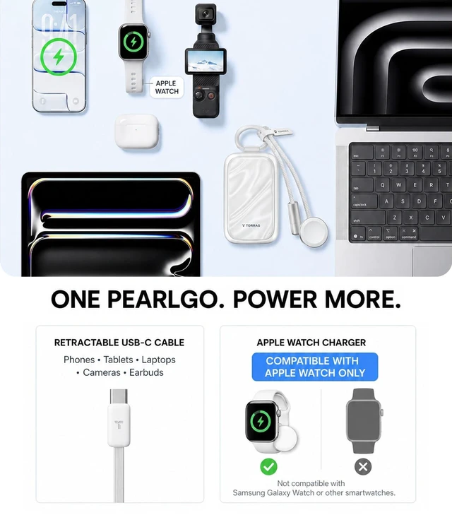 Alt view image 6 of 7 - PearlGo Power Bank for iPhone Duo/18 Pro Max, 45W Fast, Pearl White | 10,000mAh Portable Charger for Apple Watch Series 12-9, 2.3FT Built-in Retractable USB-C Cable,Carry Hook for Travel&Commute