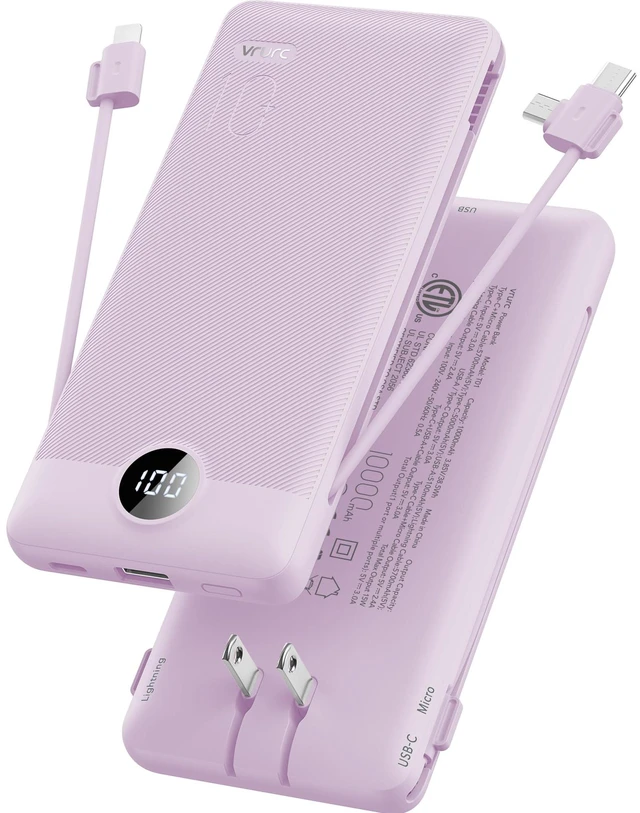 Main image of Portable Charger,VRURC Power Bank Built-in AC Wall Plug and Cables | USB C Power Bank 10000mAh, Travel Phone Charger Compact External Battery Pack For Smart Phones, Tablets etc-Purple