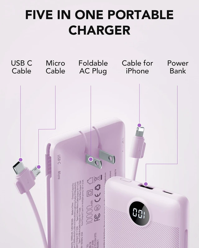 Alt view image 3 of 7 - Portable Charger,VRURC Power Bank Built-in AC Wall Plug and Cables | USB C Power Bank 10000mAh, Travel Phone Charger Compact External Battery Pack For Smart Phones, Tablets etc-Purple