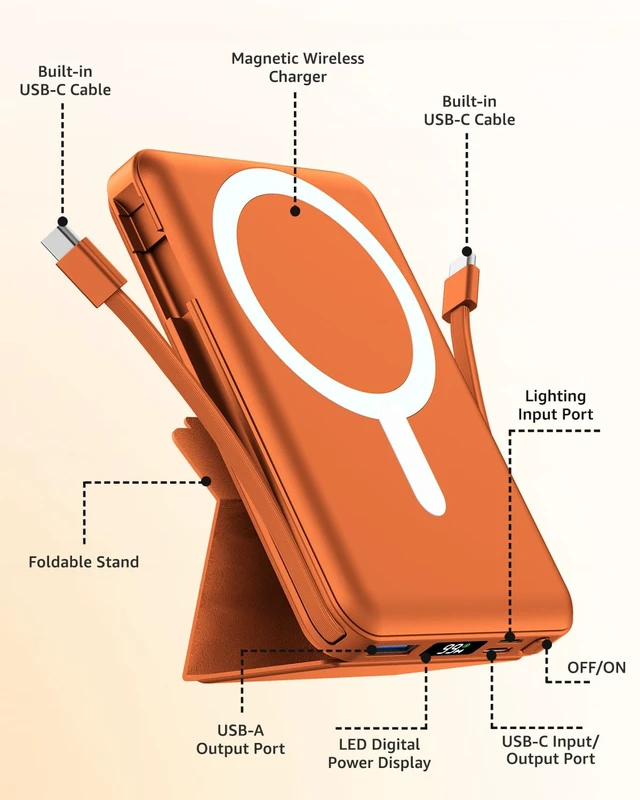 Alt view image 2 of 7 - eailgeu for MagSafe Power Bank 10000mAh, Magnetic Portable Charger, Stand | 20W Fast Charging Battery Pack, Built-in USB-C Cables, LED Display, Travel Essential for iPhone 18/17/16/15/14/13/12, Orange