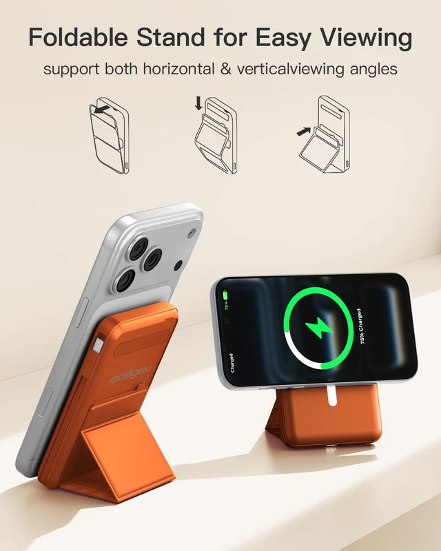 Alt view image 3 of 7 - eailgeu for MagSafe Power Bank 10000mAh, Magnetic Portable Charger, Stand | 20W Fast Charging Battery Pack, Built-in USB-C Cables, LED Display, Travel Essential for iPhone 18/17/16/15/14/13/12, Orange