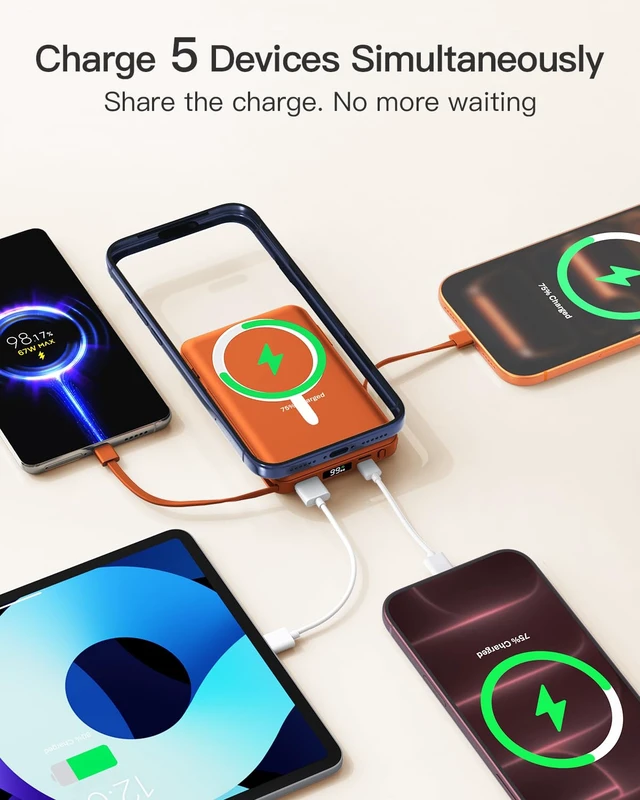 Alt view image 4 of 7 - eailgeu for MagSafe Power Bank 10000mAh, Magnetic Portable Charger, Stand | 20W Fast Charging Battery Pack, Built-in USB-C Cables, LED Display, Travel Essential for iPhone 18/17/16/15/14/13/12, Orange