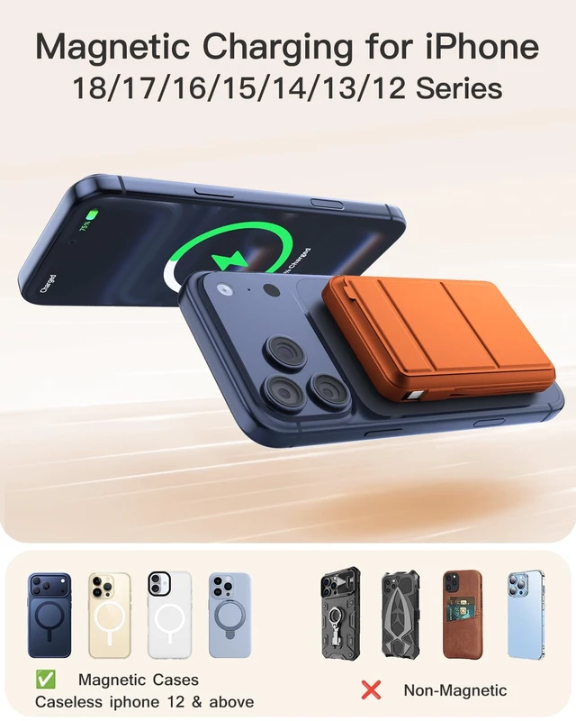 Alt view image 7 of 7 - eailgeu for MagSafe Power Bank 10000mAh, Magnetic Portable Charger, Stand | 20W Fast Charging Battery Pack, Built-in USB-C Cables, LED Display, Travel Essential for iPhone 18/17/16/15/14/13/12, Orange