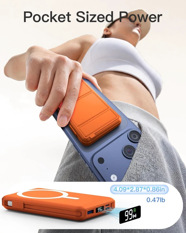 Alt view image 6 of 7 - eailgeu for MagSafe Power Bank 10000mAh, Magnetic Portable Charger, Stand | 20W Fast Charging Battery Pack, Built-in USB-C Cables, LED Display, Travel Essential for iPhone 18/17/16/15/14/13/12, Orange