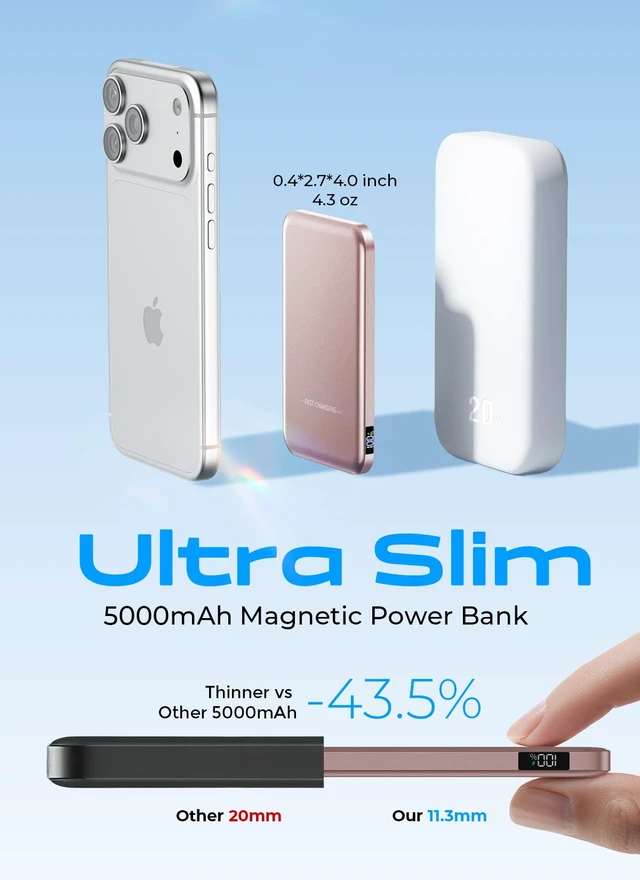 Alt view image 2 of 7 - Aobbow for MagSafe Power Bank 5000mAh, Ultra Slim Wireless Portable Charger | 0.4" Ultra Slim Travel Essential Battery Pack, 50% Smaller Magnetic Power Bank, Fast Charging for iPhone 1712, Pink