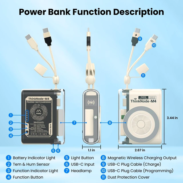Alt view image 7 of 7 - ELECROW ThinkNodeM4 Power Bank with Meshtastic LoRa Tracker 6800mAh Battery | nRF52840 LoRa Device with GPS Tracking, Mesh Communicator for Off-Grid Communication, Outdoor Adventure, Emergency Rescue