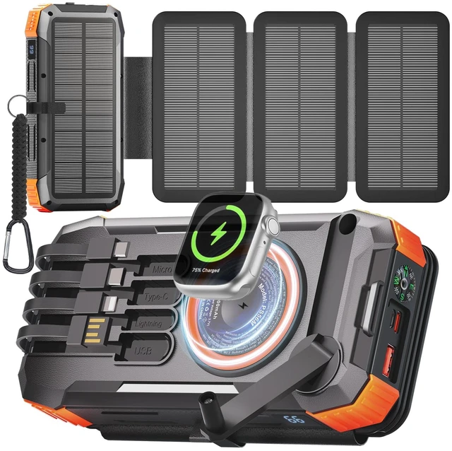 Main image of SAKROA Solar Power Bank 20000mAh, 4-Panel Foldable Solar Charger with 4 Built-in Cables, 22.5W Fast Charging, 3-in-1 Magnetic Wireless Charging, Hand Crank and Flashlight for Camping