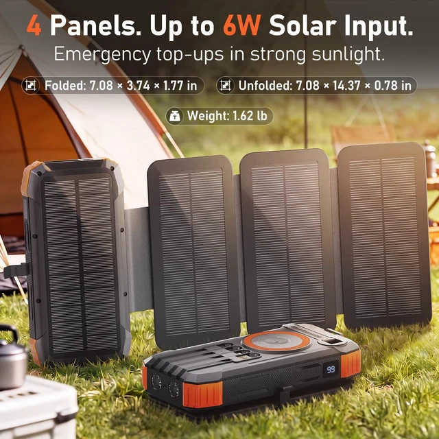 Alt view image 2 of 7 - SAKROA Solar Power Bank 20000mAh, 4-Panel Foldable Solar Charger with 4 Built-in Cables, 22.5W Fast Charging, 3-in-1 Magnetic Wireless Charging, Hand Crank and Flashlight for Camping